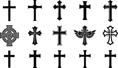 Christian cross silhouette vector set, religious crucifix symbols collection, holy catholic church signs, celtic and winged design icons, isolated black shapes
