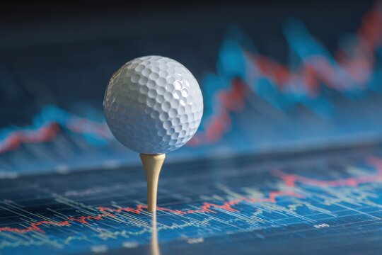Golf ball on tee with stock market graph depicting financial trends, symbolizing the intersection of sports and investment strategies in trading activities