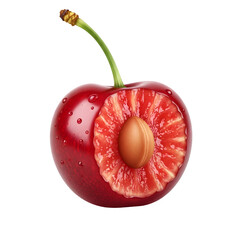 Fresh Red Cherry Cut in Half with Visible Pit and Juicy Flesh – Close-Up Isolated on White