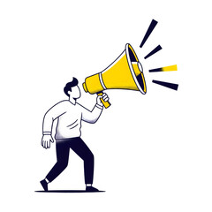 Line Art Illustration of Person Shouting Man with Megaphone – Announcement and Promotion Concept Illustration