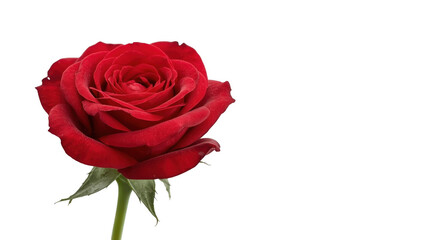 Close up of a vibrant red rose with a green stem against a stark black background in a studio shot