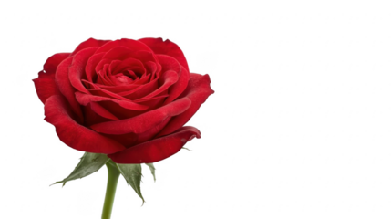 Close up of a vibrant red rose with a green stem against a stark black background in a studio shot