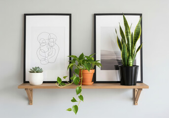 Two framed pictures and potted plants on a wooden shelf