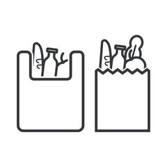 Obraz premium Isolated bundle outline icon set of plastic and paper shopping bags filled with groceries, representing retail items, market purchases, and consumer goods.