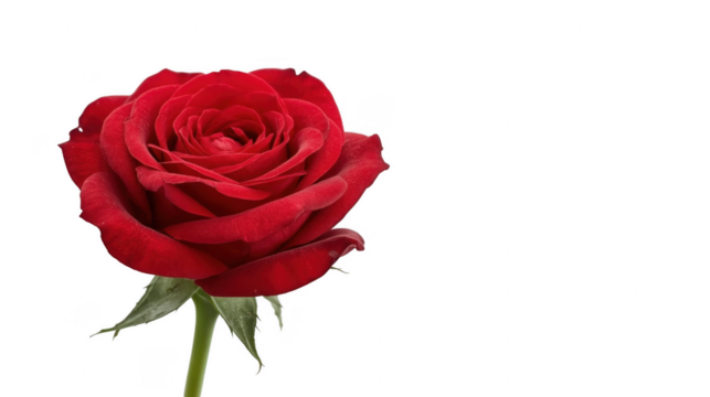 Close up of a vibrant red rose with a green stem against a stark black background in a studio shot