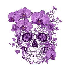Purple Sugar Skull with Orchids and Ivy – Day of the Dead Floral Skull Illustration