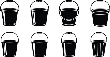 Collection of black bucket silhouettes, water pail icons, household cleaning tools, gardening equipment symbols, vector illustration set, isolated shapes © Ponkaj Creatives