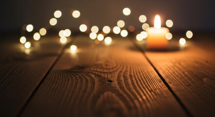 A close-up shot of a wooden surface with a lit candle and string lights, creating a warm and inviting atmosphere.