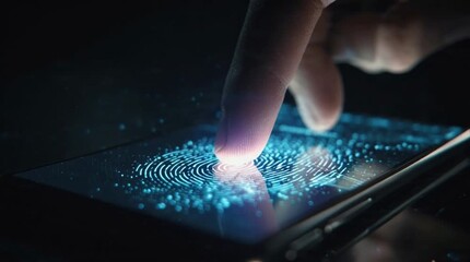 Close up cinematic sequence of fingerprint biometric unlock on smartphone screen - Powered by Adobe
