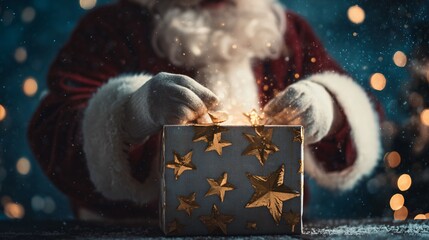 Santa Claus with white beard and red suit opens a gift box decorated with gold stars. Soft bokeh lights create a festive atmosphere.