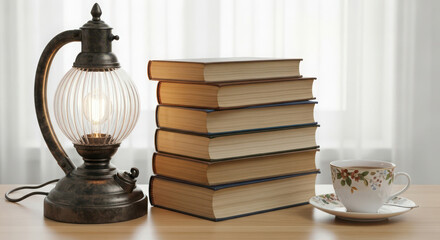 A stack of books next to a lamp and a cup of tea