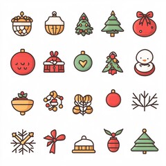 pastel holiday symbols in thin lines korean style, white background