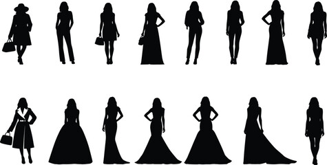 Collection of black fashion silhouettes, women models posing in dresses, female figures standing, vector style icons, isolated clothing illustration set