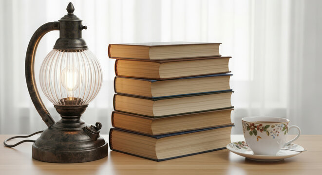 A stack of books next to a lamp and a cup of tea