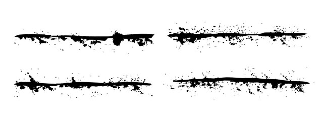 Naklejka premium Grunge ink dividers set, blot with streaks, splashes, spots, dots, streaks. Abstract separators, splatters of paint, watercolor stain. Hand-drawn gouache paint strip, art element for design. Isolated.