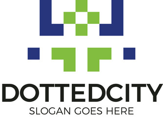 DottedCity Pixelated Abstract Logo Design. Modern Digital Urban Branding Icon for Company Identity