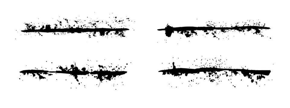 Grunge ink dividers set, blot with streaks, splashes, spots, dots, streaks. Abstract separators, splatters of paint, watercolor stain. Hand-drawn gouache paint strip, art element for design. Isolated.