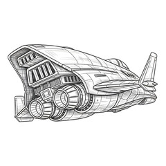 Futuristic Sci-Fi Spaceship Fighter with Massive Rear Engines – Line Art Illustration