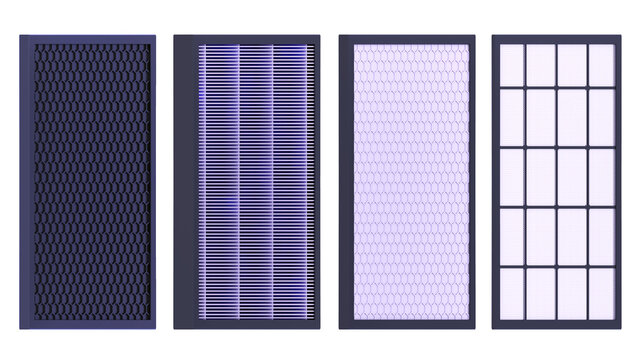 HEPA Filter - 4 layers - Mesh prefilter, prefilter, HEPA filter, activated carbon filter. 3D rendering isolated on white background. Ideal for educational, engineering 