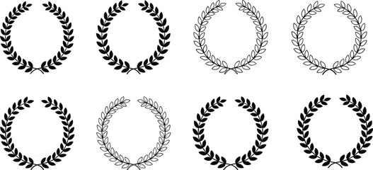 Collection of laurel wreath icons, circular foliate frames, award winner symbols, black and white vector set, heraldic design elements