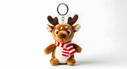Obraz premium Cute reindeer plush toy keychain with red and white striped scarf on white background