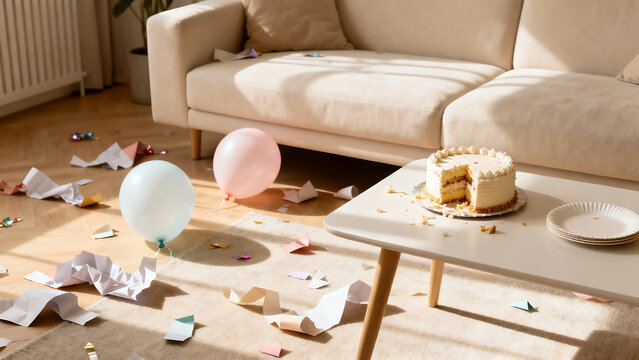 Home living room after birthday gathering with scattered pastel balloons, ripped wrapping paper pieces, half-eaten cake and empty plates creating festive aftermath