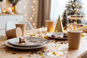 Cozy home after holiday party with scattered paper cups, glitter confetti, empty dessert plates and warm festive clutter creating authentic celebration aftermath