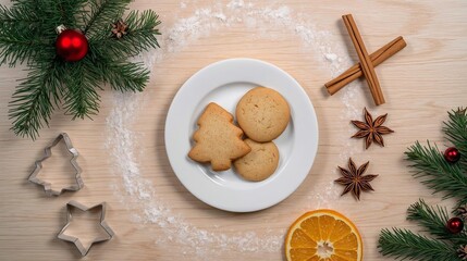 Fototapeta premium Festive Christmas Cookie Flat Lay on Warm Wood Tabletop 