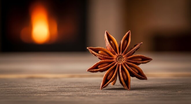 Close-up shot of a star anise spice on a wooden surface with a blurred background. - Powered by Adobe