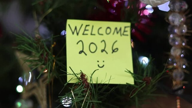 Un primer plano de la mano de una nota de color amarillo  con la palabra bienvenido 2026 en un fondo de luces de colores. Comienzo de a&ntilde;o