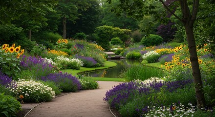 Lush garden path with vibrant flowers, a meandering stream, and verdant trees in sunlight