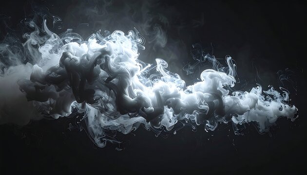 An abstract, cloud-like form billows across a dark background, creating a sense of ethereal movement and mystery. The shapes shift with varying density