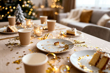 Cozy home after holiday party with scattered paper cups, glitter confetti, empty dessert plates and festive celebration clutter across warm living room interior