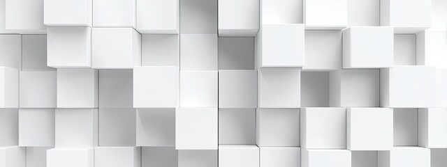 A geometric pattern of white cubes, arranged randomly, creating a 3D effect. The blocks have shadows, adding depth