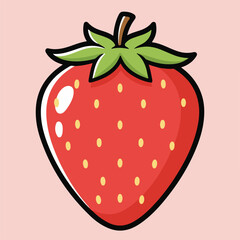 Obraz premium Flat vector strawberry with solid red body, yellow seeds, green leaves, stylish 3D glossy surface, minimal and cute