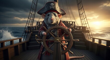 Rat Pirate Captain at the Helm - Nautical Adventure on the High Seas, Dramatic Sky, Ship Deck.