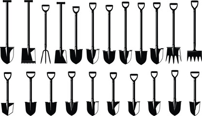Garden shovel and spade silhouette vector set, farming pitchfork collection, construction digging tool icons, agricultural equipment, isolated black shapes © Ponkaj Creatives