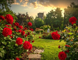 Lush garden view with vibrant red roses, pathways, and a distant tower under a sunset sky