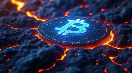 Bitcoin coin glowing brightly amidst hot digital lava landscape