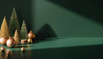 Elegant Christmas cheer with miniature gold and green trees alongside shimmering ornaments, perfect for holiday greetings or seasonal promotions, festive vibes