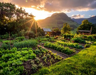 Lush garden, sunlit mountain backdrop, thriving with fresh produce at golden hour