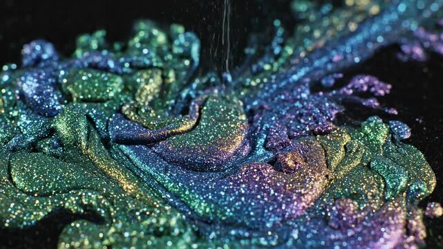 Ultra slow motion macro shot of shimmering iridescent metallic pigments swirling and mixing in dark liquid creating an ethereal abstract texture and vibrant flow deep, cosmic, science