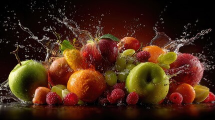 A refreshing splash of water over a vibrant assortment of fresh fruits