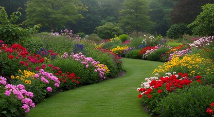 Lush garden with a curving grass path, abundant flowers, and various trees in the background