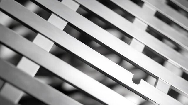 Diagonal grayscale photograph showing shiny, parallel metal bars crossing to form a pattern