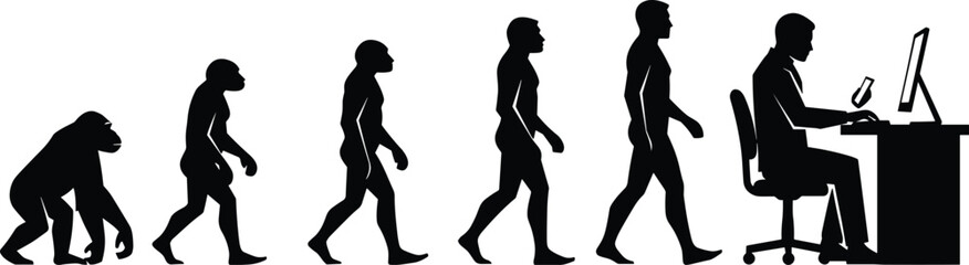 Human evolution silhouette timeline, from ape to modern businessman working on computer, technology progress concept, vector illustration isolated on white