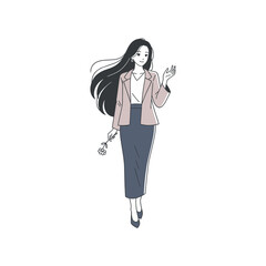 An illustration of a woman with long black hair, wearing a blazer and skirt, holding a rose.