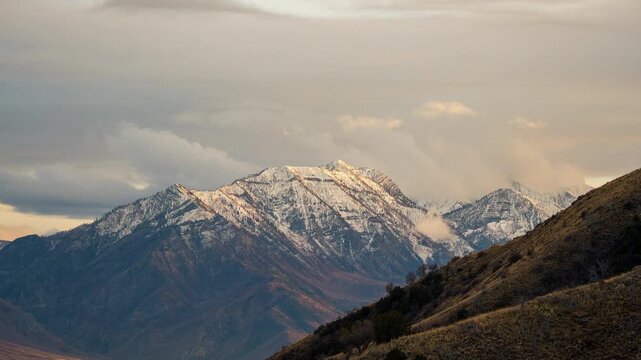 Timelapse looking towards the snow capped Nebo Mountain range from on West Mountain in Utah Valley.