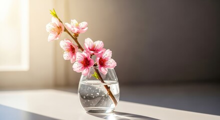 Delicate pink cherry blossoms in a glass vase on a sunlit windowsill