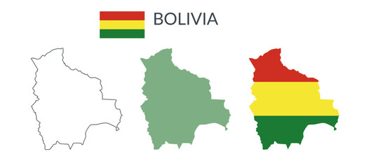 Bolivia geographical borders isolated on white background. Flag of Bolivia. Vector flat cliparts.